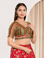 Thumbnail for Joban Fashion Green Multi Brocade Padded Blouse With V Neck Elbow Sleeves - Distacart