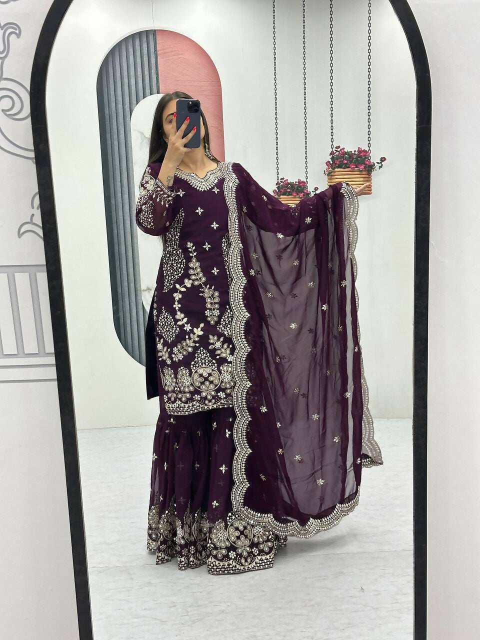 Teeya Creation Womens New Heavy Fox Georgette Fabric With Heavy Embroidery Work Wine Kurta Set - Dista