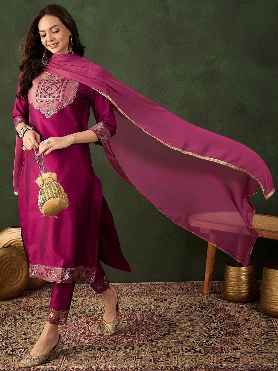 Sangria Woven Design Kurta & Trouser With Dupatta