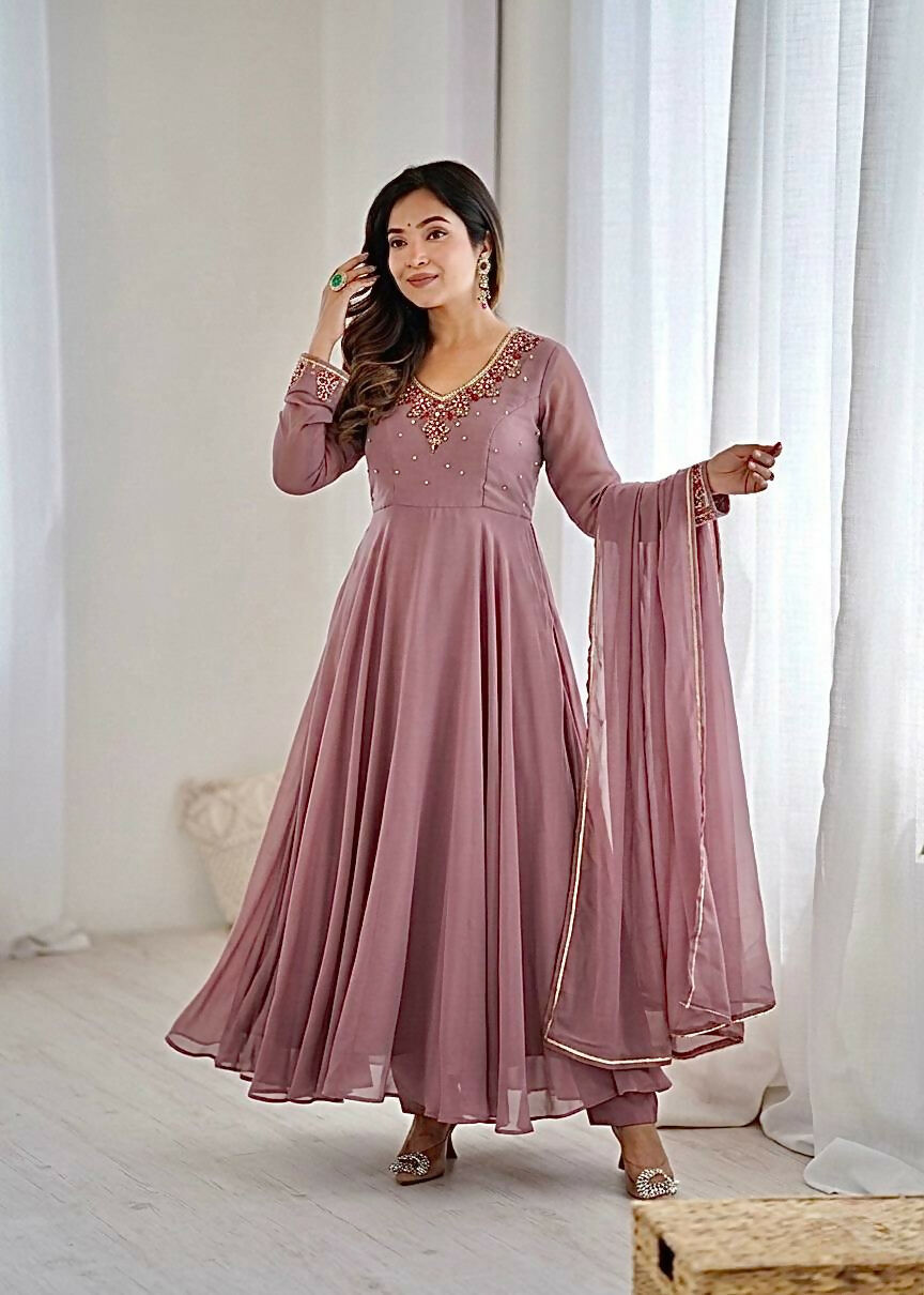 Teeya Creation Womens New Fancy Fox Georgette Heavy Quality Fabric With Handwork Gown Set - Dista