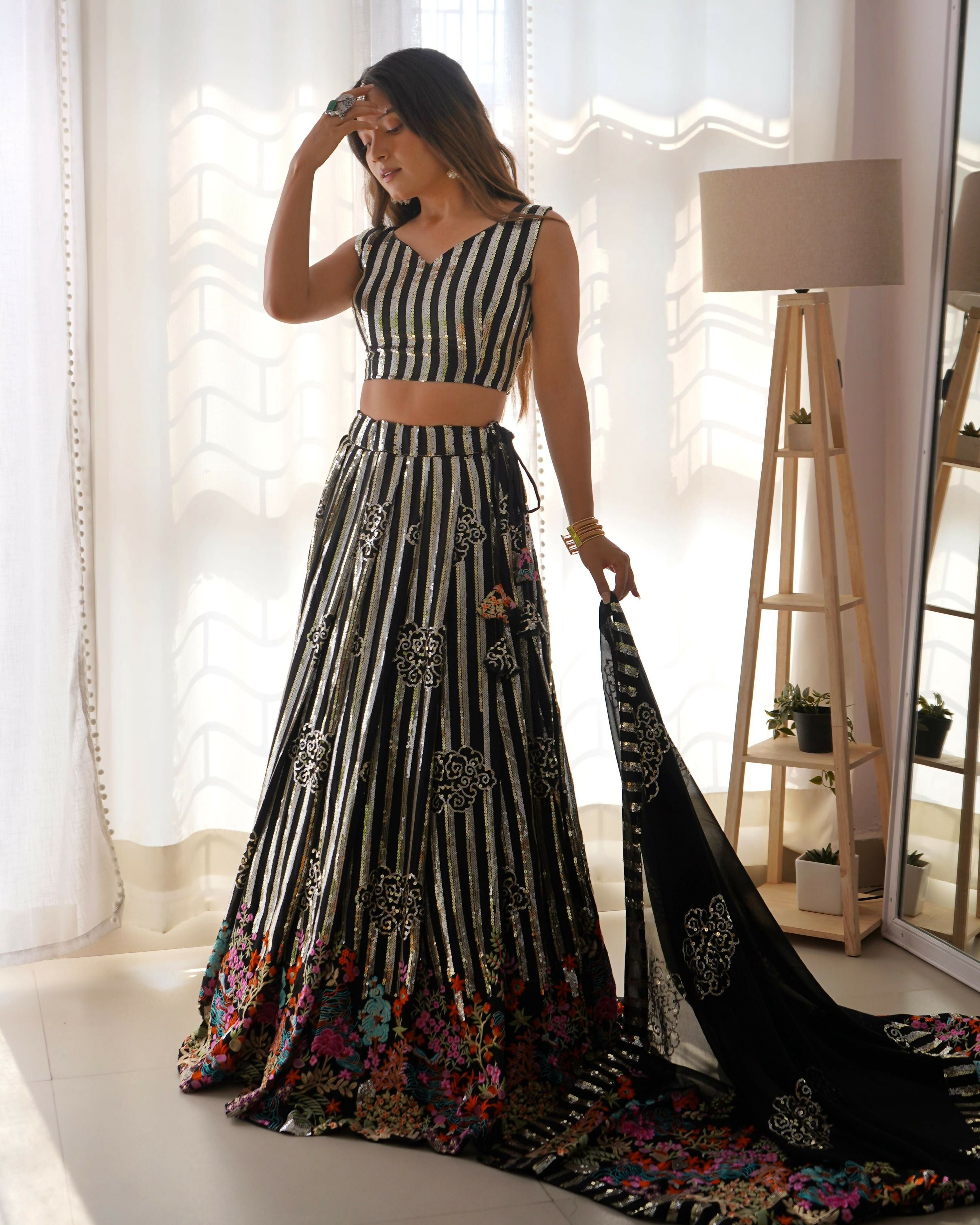 Joban Fashion Black Lehenga Georgette Coding Dori with Sequence with Rivet Moti