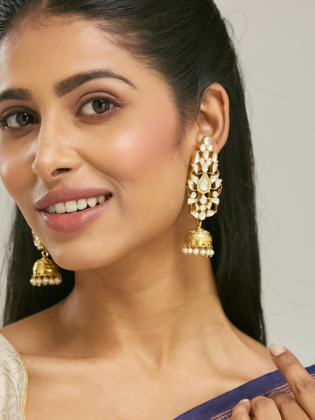 Nuyug 22K Gold-Plated Regal Kundan Stone Studded & Pearl Drop Jhumkas