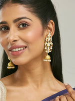 Thumbnail for Nuyug 22K Gold-Plated Regal Kundan Stone Studded & Pearl Drop Jhumkas