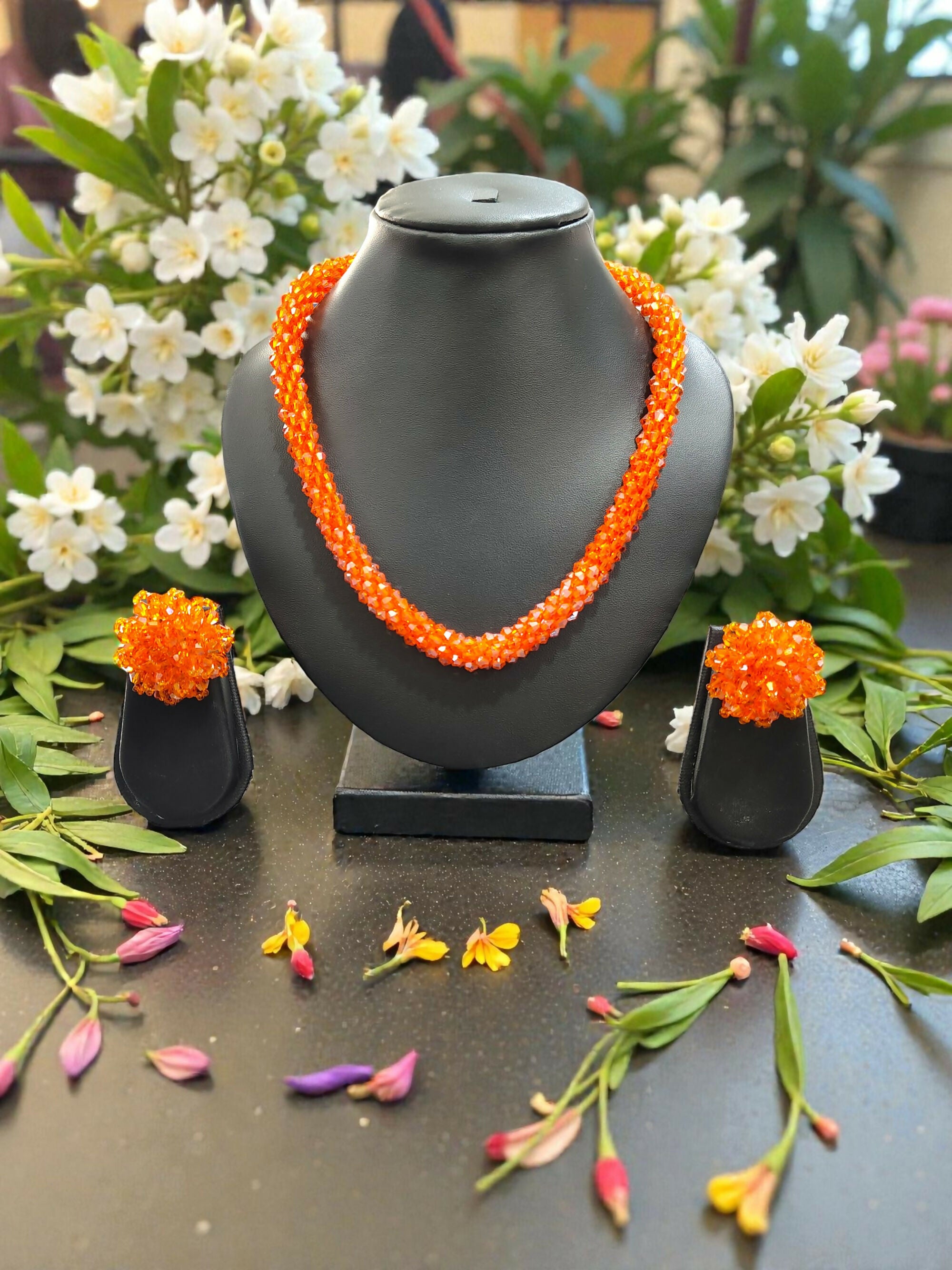 Inhanns Noor-E-Jalwa – Handmade Crystal Bead Necklace / Necklace With Earrings -Adjustable - Orange - Distacart