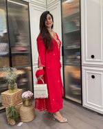 Thumbnail for The52 Red Beautiful Embroidered Rayon Fabric Straight Kurta Pant with Dupatta Set - Distacart