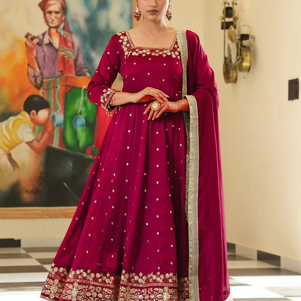 Teeya Creation Rani Color Pure Vichitra Silk Embroidery Work Party Wear Gown - Distacart
