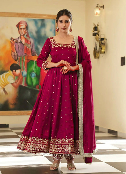Teeya Creation Rani Color Pure Vichitra Silk Embroidery Work Party Wear Gown