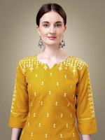 Thumbnail for Jyoti Fashion Women's Yellow Cotton Blend Embroidery & Sequence work Kurta with Trouser & Dupatta - Distacart