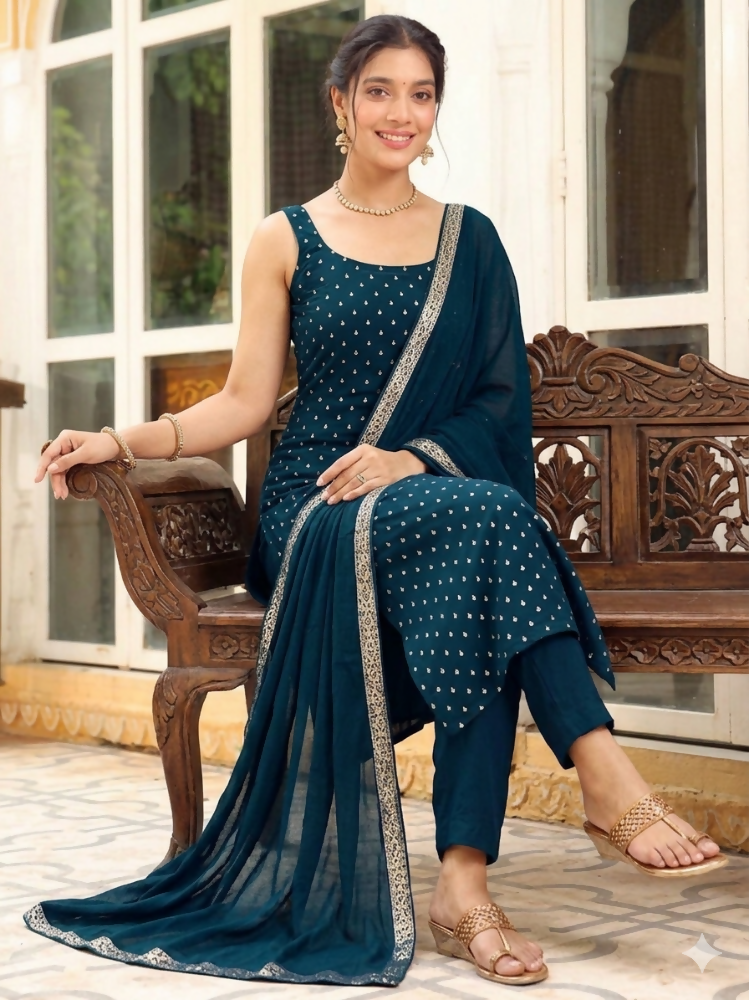 Teeya Creation Womens New Elegant Teal Embroidered Kurti with Matching Bottom Set - Dista