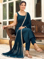 Thumbnail for Teeya Creation Womens New Elegant Teal Embroidered Kurti with Matching Bottom Set - Dista