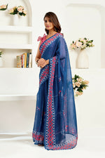 Thumbnail for Joban Fashion Navy Blue Kalamkari & Ajrakh Linen Ready To Wear Saree With Unstitched Blouse - Distacart