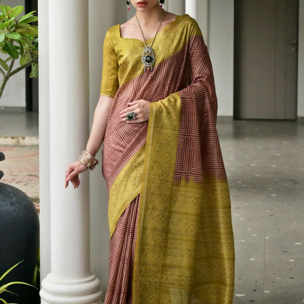 Vishnu Weaves Women's Pista Soft Tussar Silk Printed Saree with Blouse