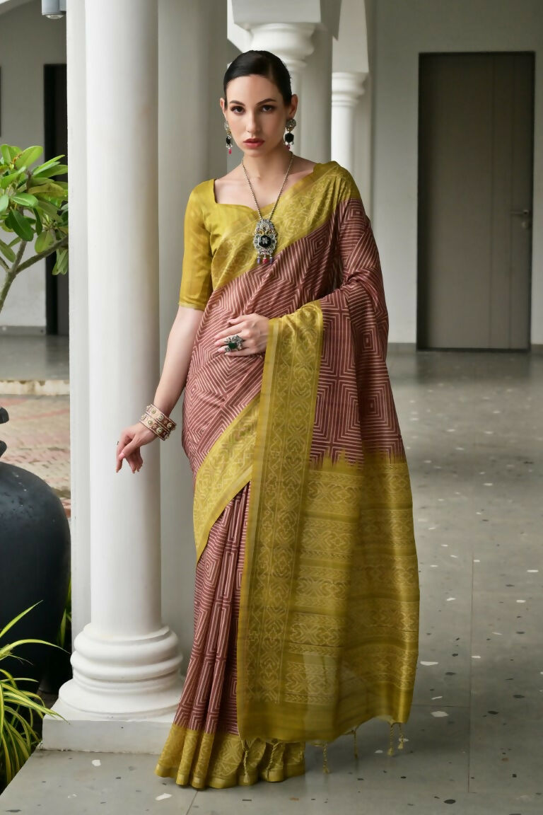 Vishnu Weaves Women's Pista Soft Tussar Silk Printed Saree with Blouse