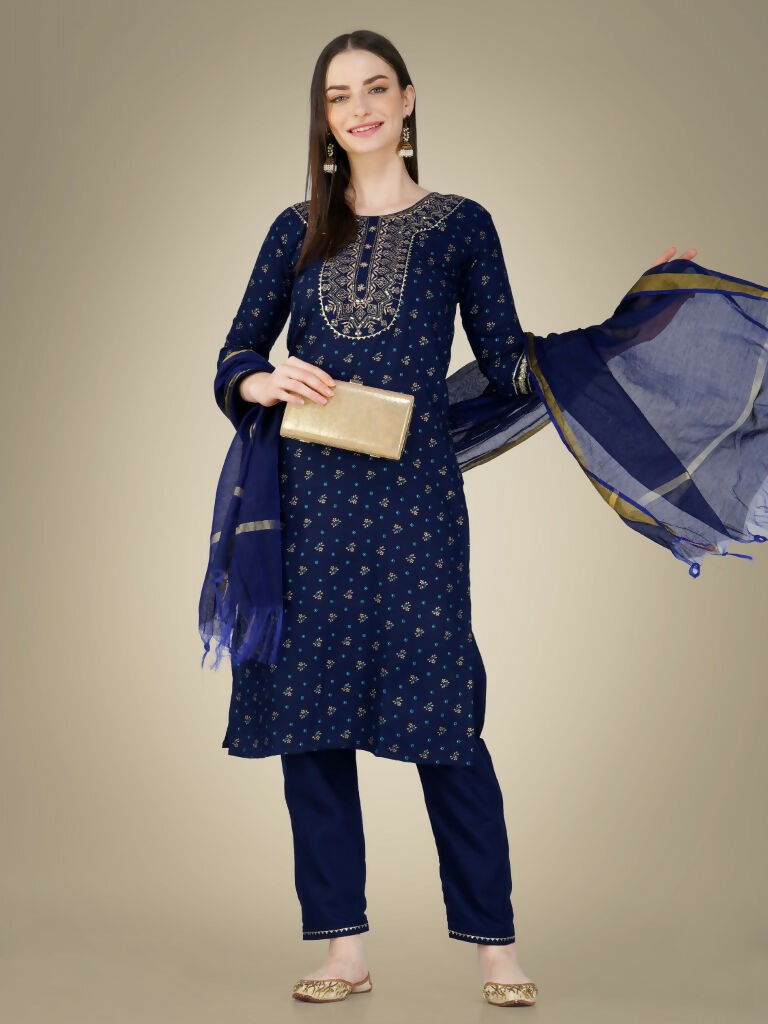 Jyoti Fashion Women's Navy Blue Cotton Magic Slub Embroidery & Sequence work Kurta with Trouser & Dupatta - Distacart