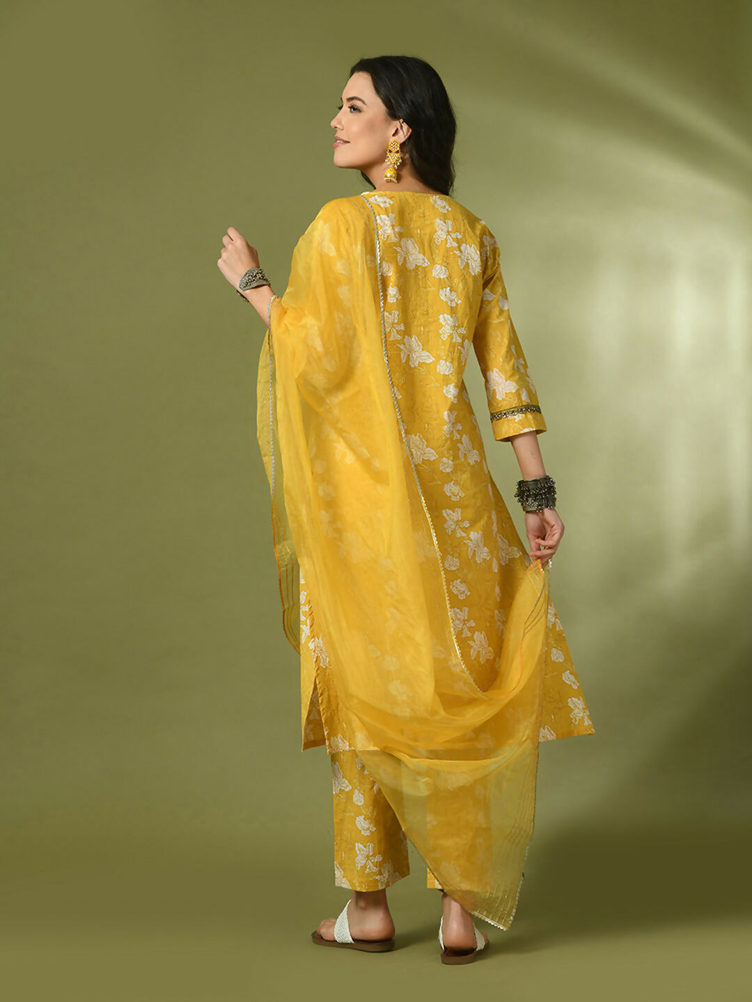 Myshka Women's Yellow Printed Cotton Straight Party Kurta Set With Dupatta - Distacart