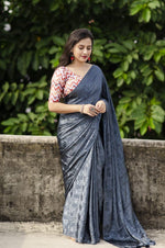 Thumbnail for Grey Silk Blend Ethnic Motifs Saree with Unstitched Blouse - A2M