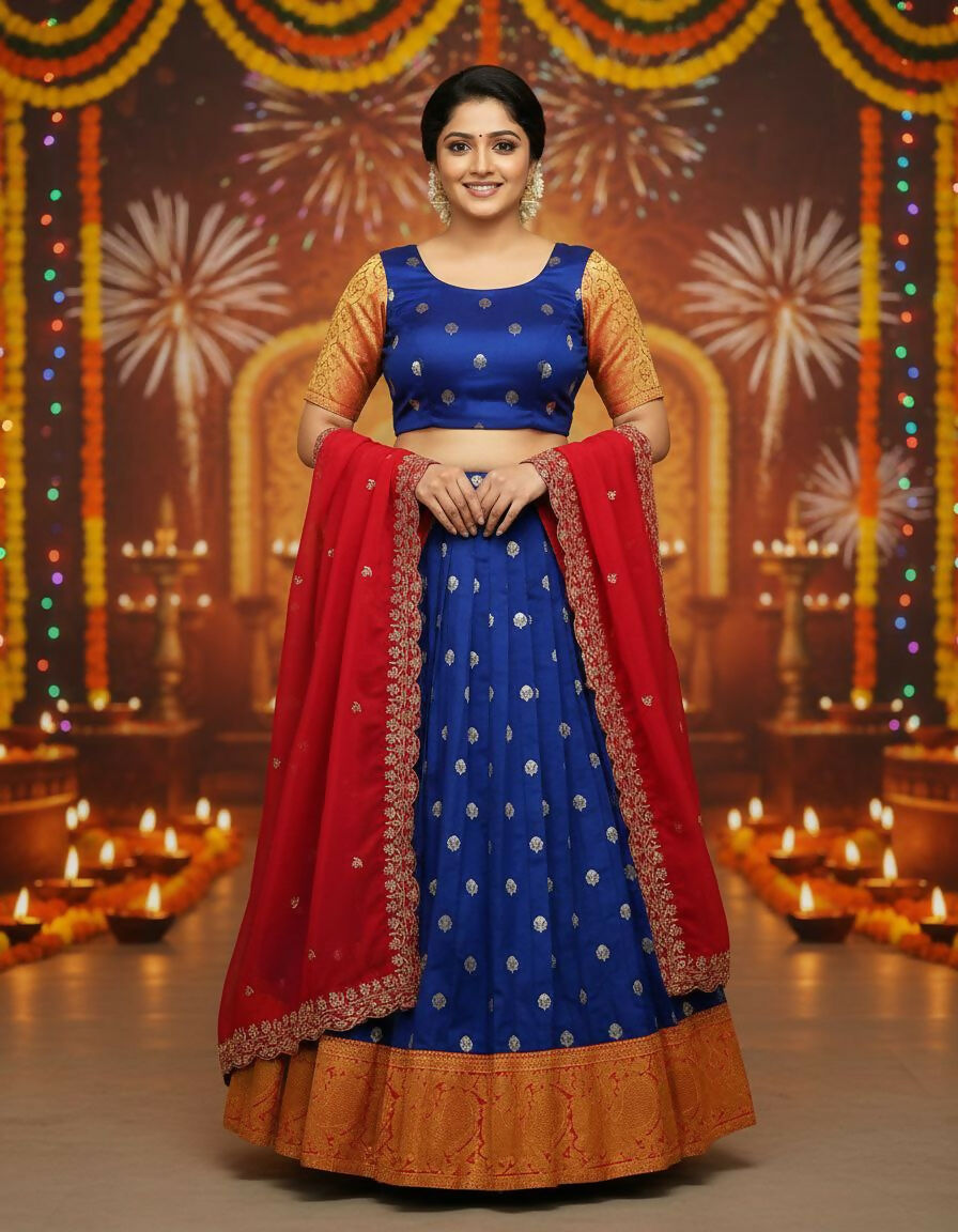 Teeya Creation New Trendy Stylist South Style Lehenga Choli Set - Blue - Dista