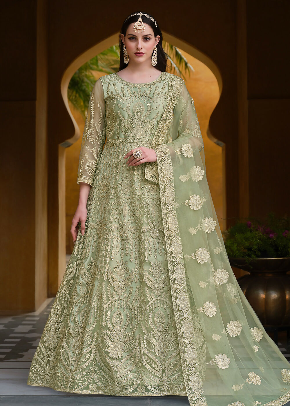 Pista Green Pure Butterfly Net Wedding Wear Anarkali Suit - Emponline - Distacart