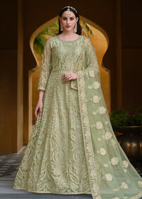 Thumbnail for Pista Green Pure Butterfly Net Wedding Wear Anarkali Suit - Emponline - Distacart
