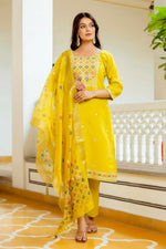 Thumbnail for The52 Yellow Women's Beautiful Embroidered Viscose Shimmer Fabric with Straight Kurta, Pant and Dupatta Set - Distacart