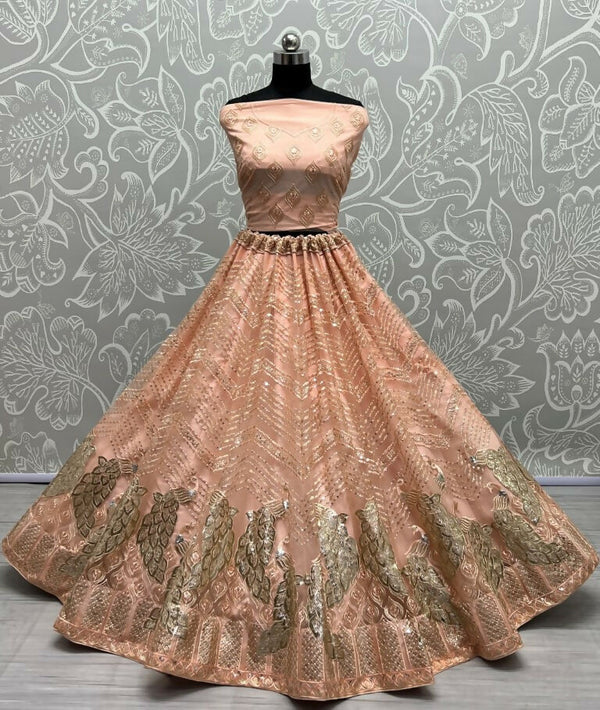 Jyoti Fashion Women's Peach Bridal Net Fancy Foil & Sequins with Multi Thread Embroidered Wedding Lehenga Choli - Distacart