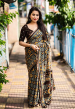 Thumbnail for Coffee Cotton Blend Ajrak Saree with Unstitched Blouse - Hiral Fashion - Distacart
