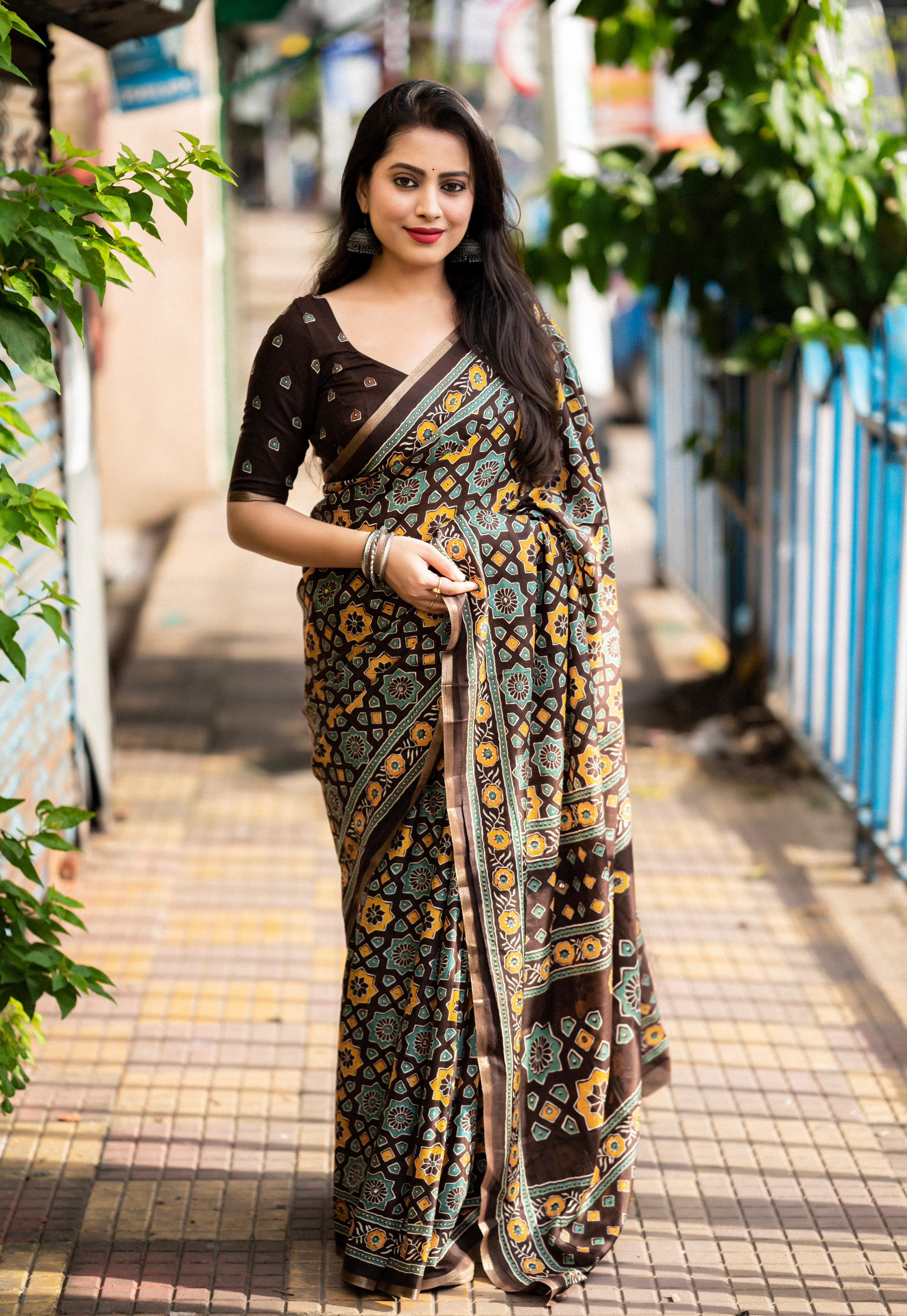 Coffee Cotton Blend Ajrak Saree with Unstitched Blouse - A2M - Distacart