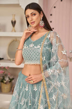 Thumbnail for Aastha Fashion Ocean Blue Butterfly Net White Cotton Thread Work, Zari Work And Sandwich Sequence Work Embroidery Wedding Wear Lehenga Choli - Distacart
