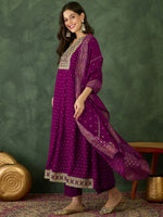 Thumbnail for The52 Wine Women's Gorgeous Embroidered Work Vichitra Silk Fabric Flared Kurta Pant and Dupatta Set - Distacart
