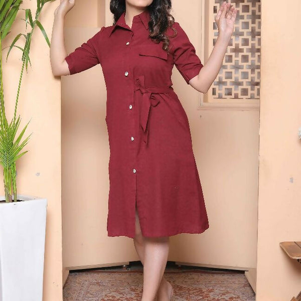 Miravan Womens Maroon Solid A-Line Dress With Belt