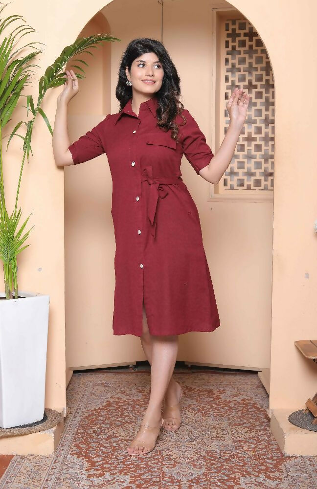 Miravan Womens Maroon Solid A-Line Dress With Belt