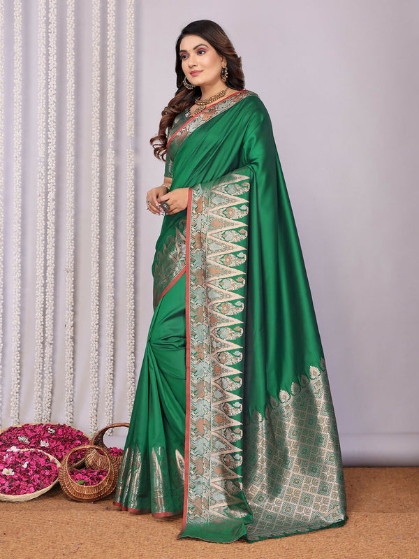 Joban Fashion Banarasi Pine Green Jacquard Woven Soft Silk Saree
