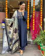 Thumbnail for The52 Navy Blue Women's Beautiful Viscose Chanderi Fabric Embroidered Work Straight Kurta Pant and Dupatta Set - Distacart