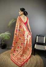 Thumbnail for Joban Fashion Peach Intricate Floral & Foliate Motifs Soft Silk Paithani Saree - Distacart