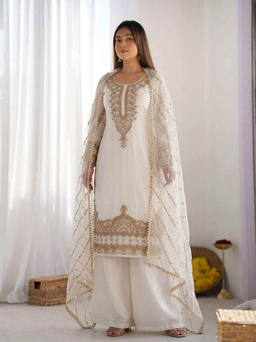 Teeya Creation Womens New Trendy Stylish Fancy Embroidery Beads Work Kurta Sharara Set For Wedding Wear - White - Dista