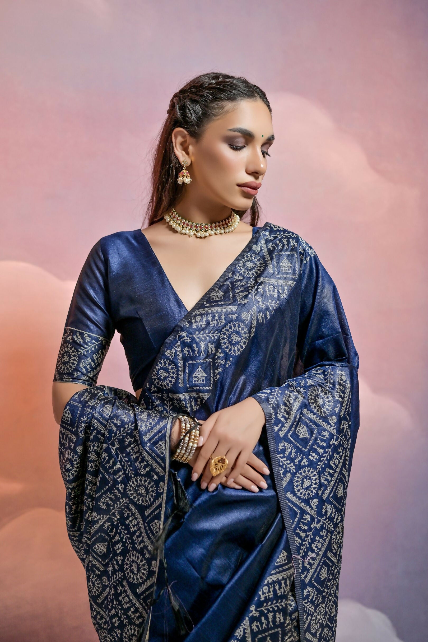 Vishnu Weaves Women's Navy-Blue Handloom Raw Silk Woven Border Saree with Blouse - Distacart