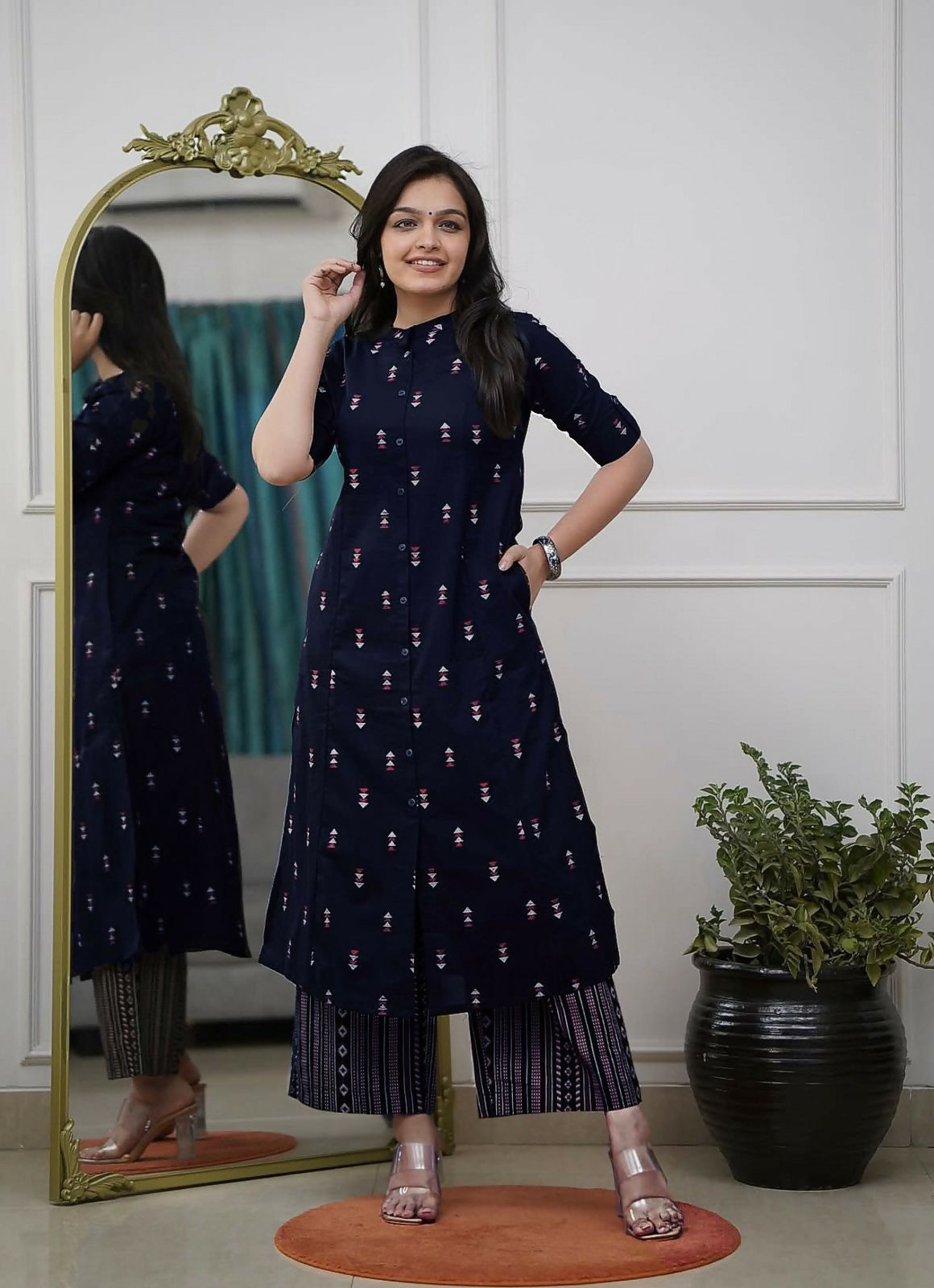 Teeya Creation Stylish Navy Blue Cotton Kurta With Geometric Print And Matching Palazzos - Dista