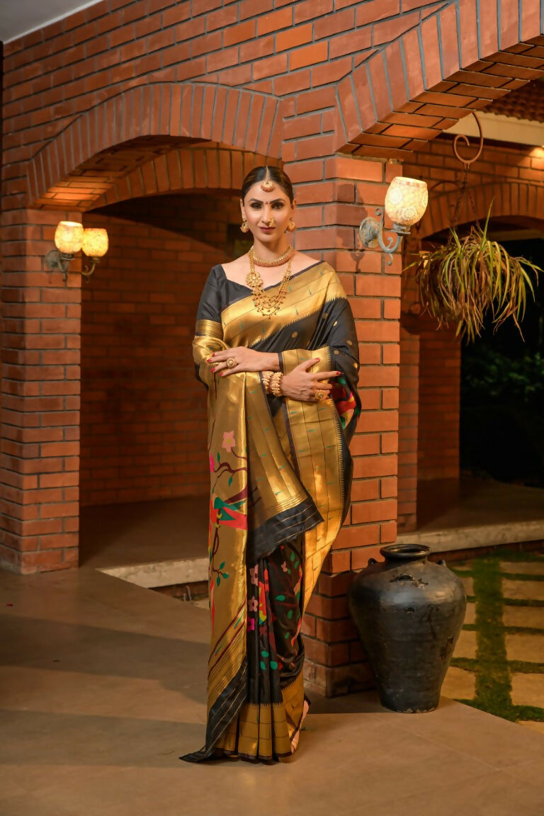 Jyoti Fashion Women's Black Paithani Silk Zari Woven Saree with Blouse - Distacart