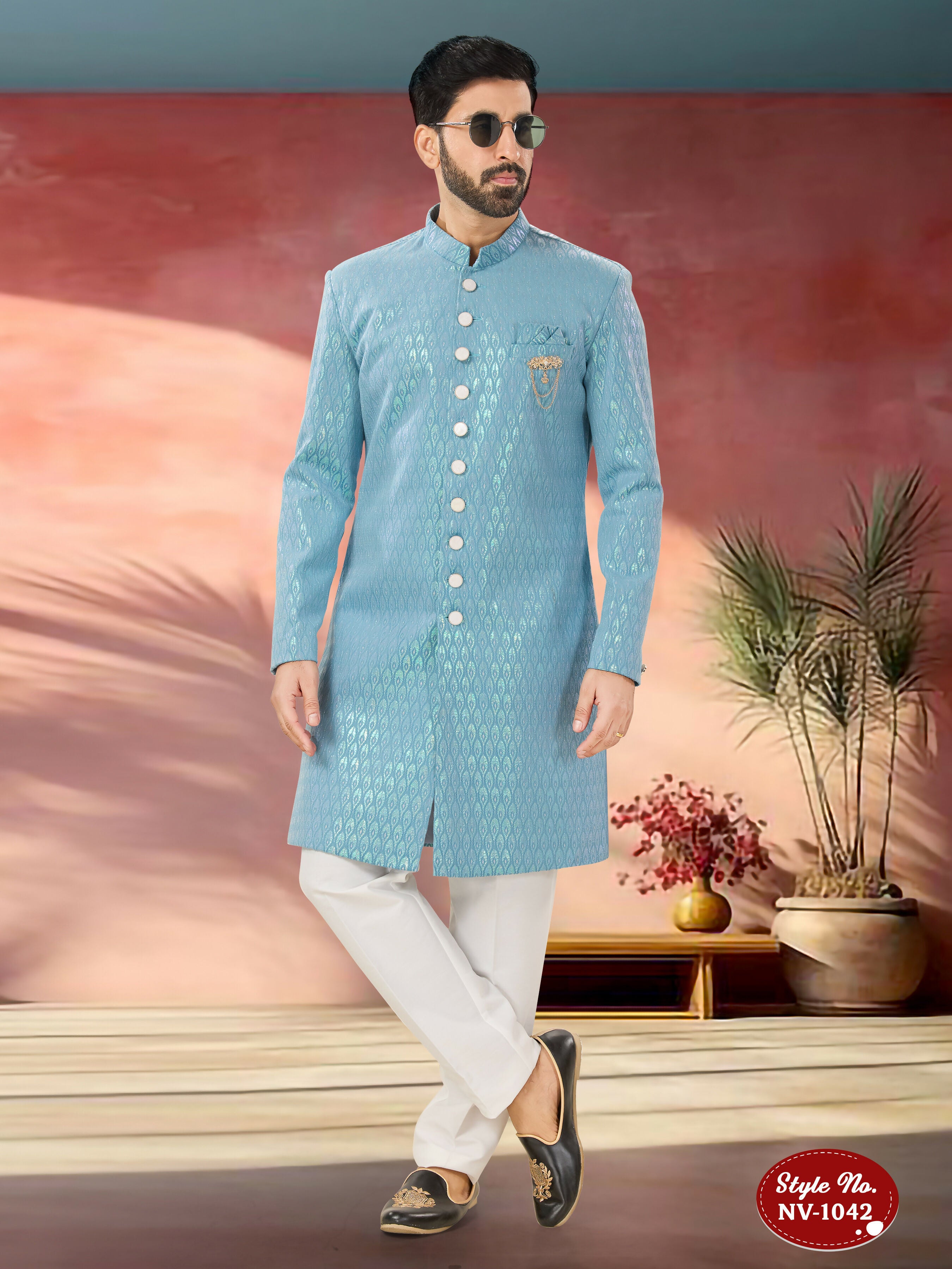 Joban Fashion Men's Blue Straight Imported Armani Thread And Sequence Embroidary All Over Indo-Western Kurta Set - Distacart