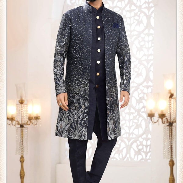 Joban Fashion Men's Blue Straight Silk Thread And Sequence Embroidery All Over 3 Pc Kurta Set - Distacart