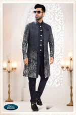 Thumbnail for Joban Fashion Men's Blue Straight Silk Thread And Sequence Embroidery All Over 3 Pc Kurta Set - Distacart