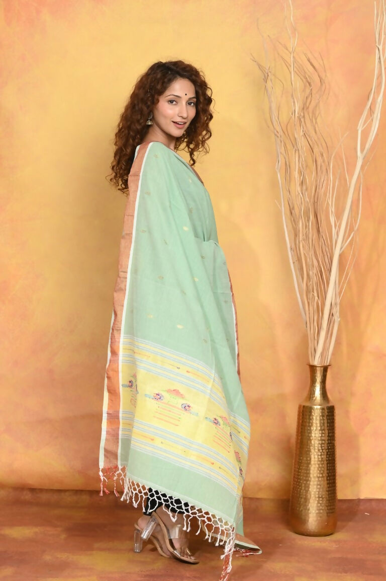 Very Much Indian Handloom Pure Cotton Paithani Dupatta - Sea Green - Distacart