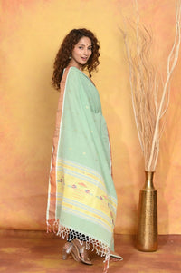 Thumbnail for Very Much Indian Handloom Pure Cotton Paithani Dupatta - Sea Green - Distacart