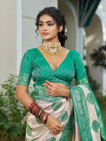 Thumbnail for Shree Shyam Fashion Cream With Sea Green Silk Blend Saree - Distacart