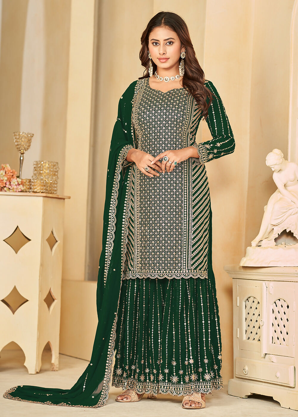 Mesmeric Green Faux Georgette Palazzo Suit with Embroidery - Emponline - Distacart