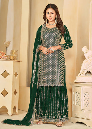 Mesmeric Green Faux Georgette Palazzo Suit with Embroidery - Emponline - Distacart