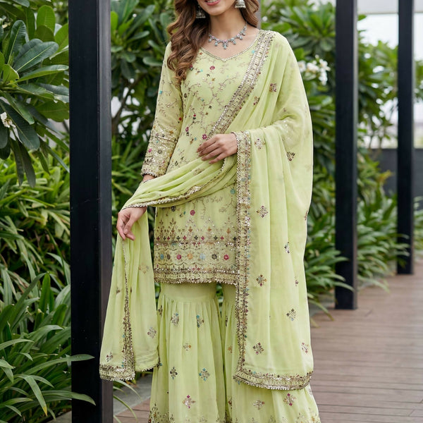 Teeya Creation Pista Faux Georgette Multi Thread Work Wedding Wear Sharara Set - Distacart