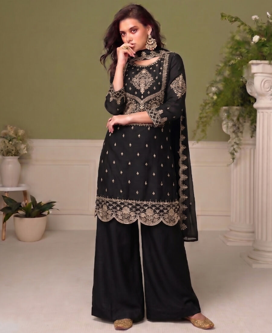 KC Black Wedding Wear Embroidered Crush Silk Salwar Suit - Dista