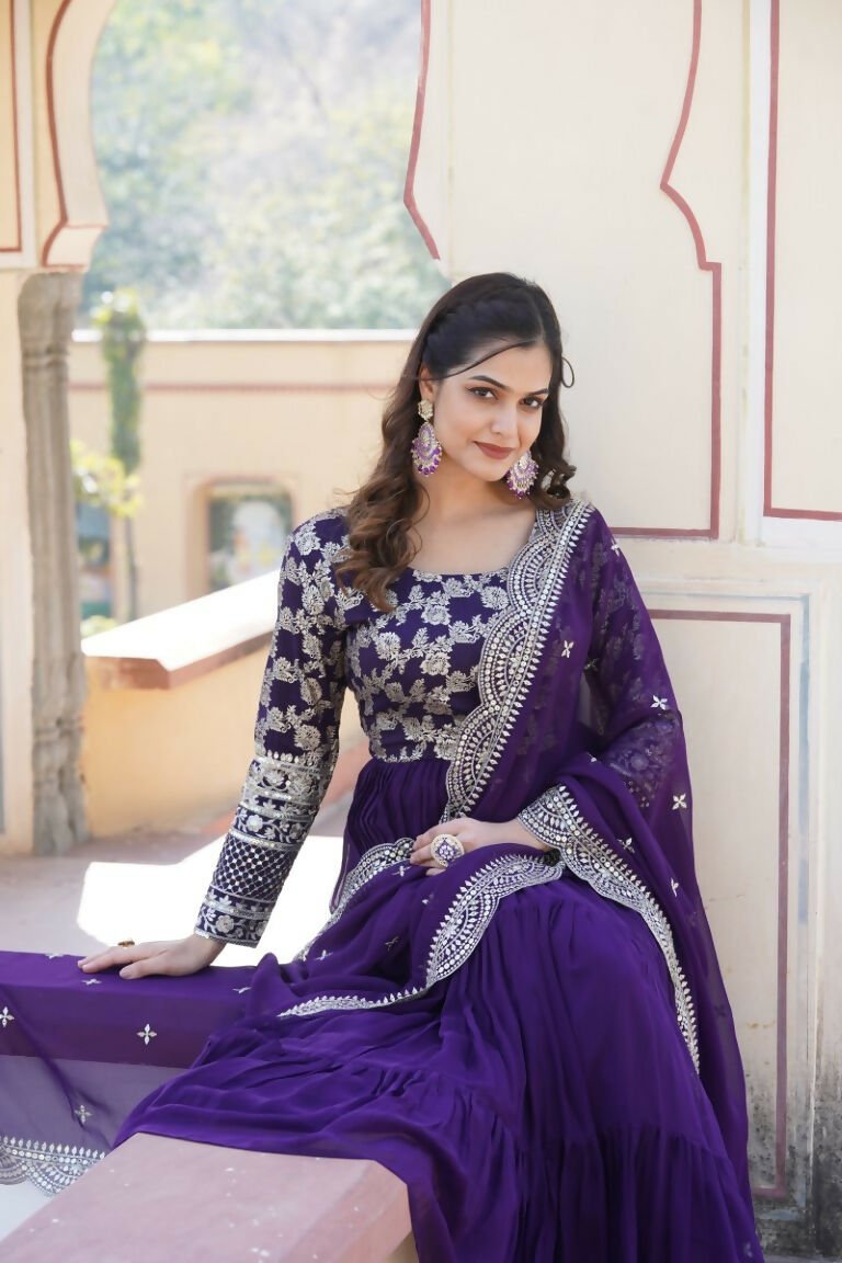 Aastha Fashion Women's Purple Faux Georgette Jacquard with Sequins Embroidered Anarkali Dress with Dupatta - Distacart