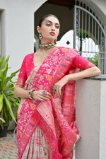 Thumbnail for Vishnu Weaves Women's Pink Banarasi Silk Patola Zari Woven Saree with Blouse